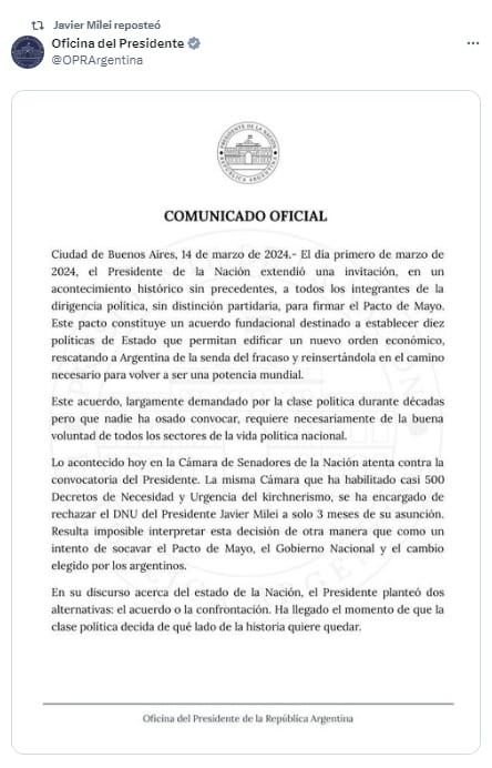 El comunicado de la Oficina del Presidente  - X