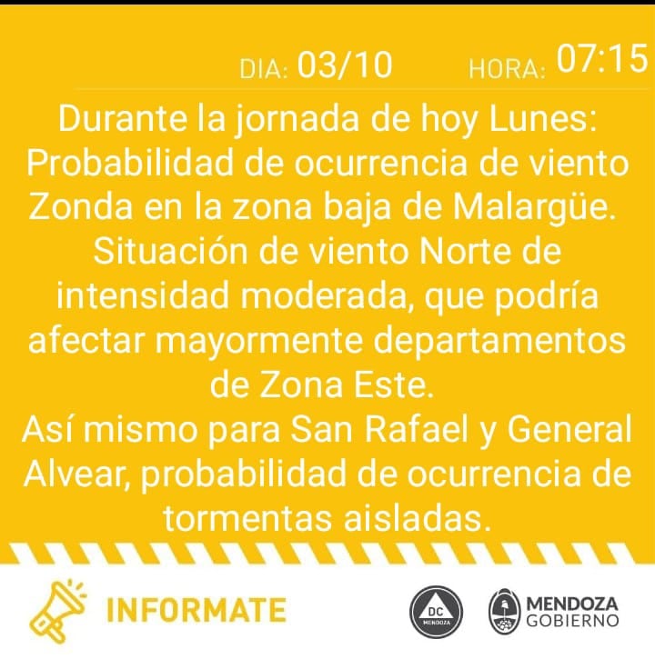 Alerta de Zonda en Malargüe y tormentas para San Rafael y Alvear (Defensa Civil)