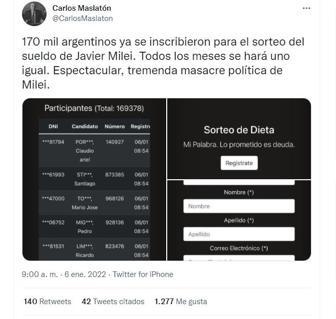 Se cayó el sitio web para el sorteo de Javier Milei. Más de 170.000 inscriptos, según Maslatón. / Twitter