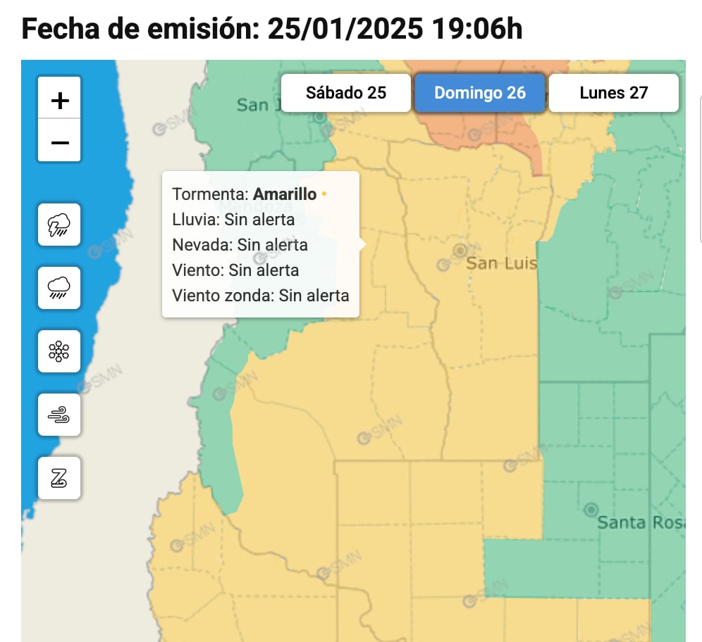 Alerta amarilla por tormentas en Mendoza para el domingo 26 de enero de 2025. Fuente: Servicio Meteorológico.