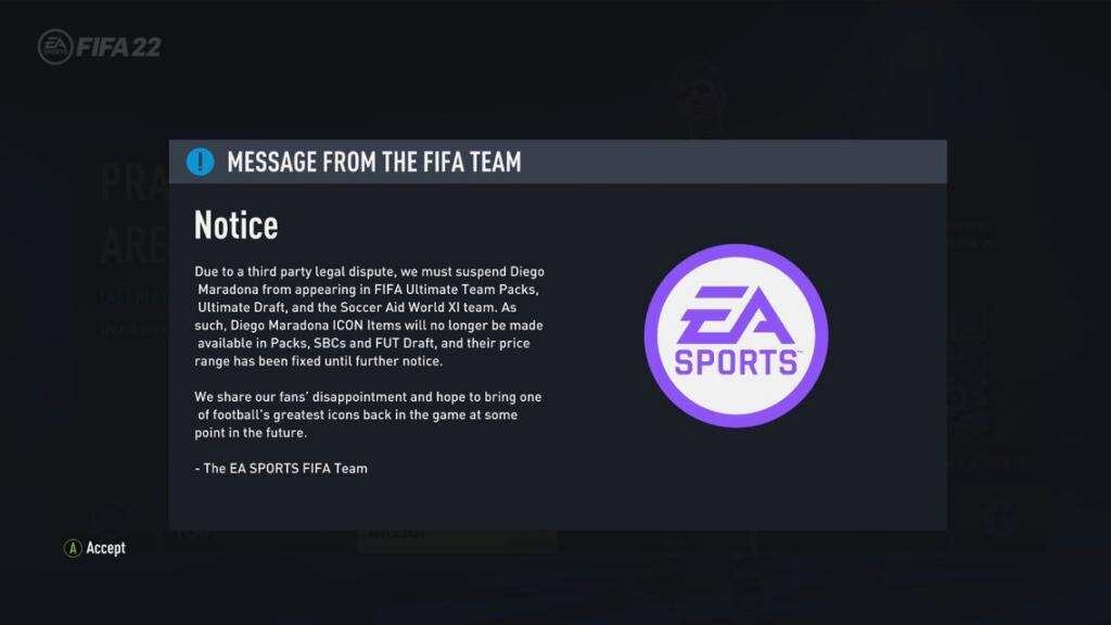 Comunicado de EA Sports sobre la suspensión de Diego Armando Maradona. EA Sports. / Gentileza.