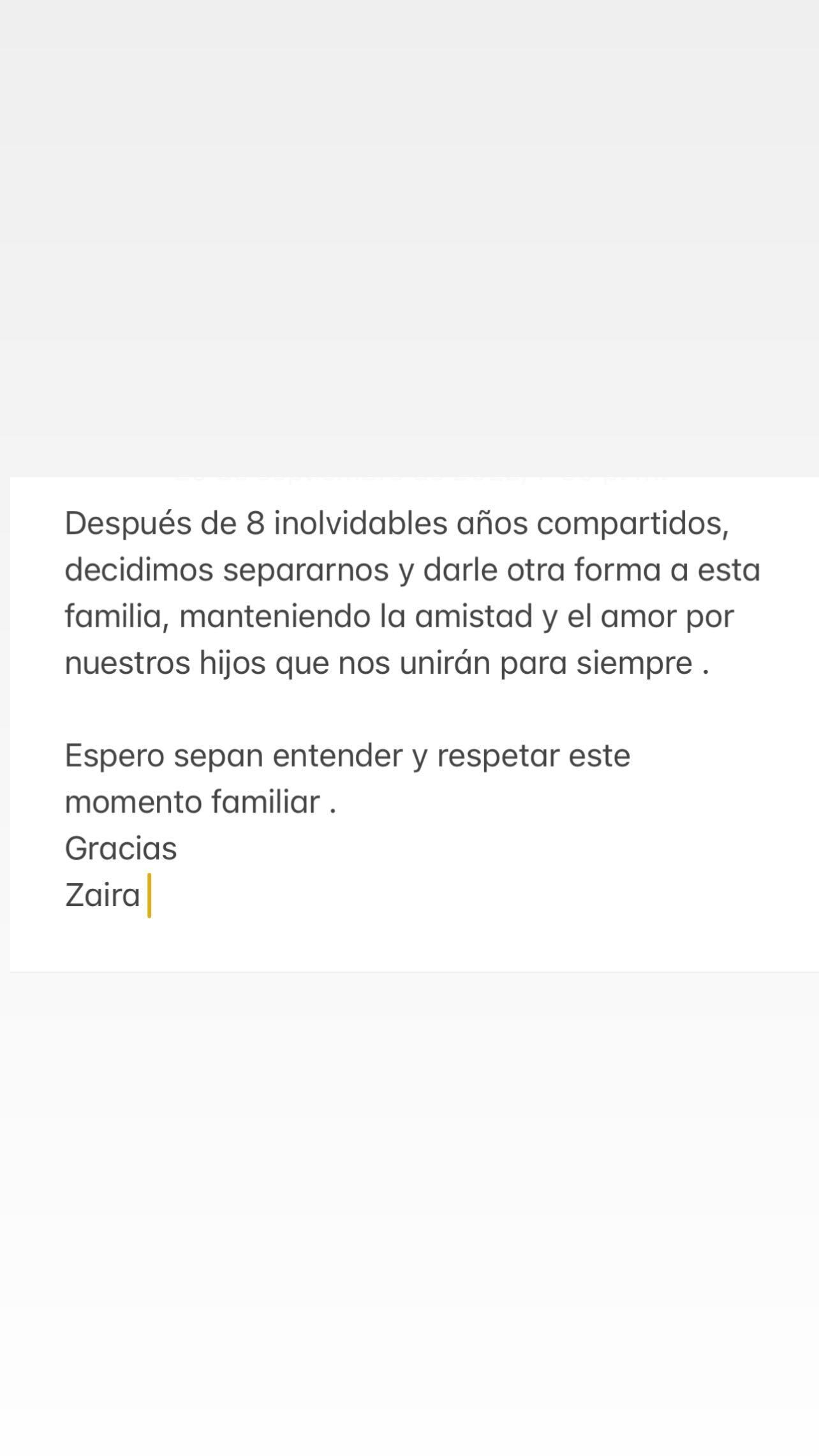 El comunicado de Zaira Nara