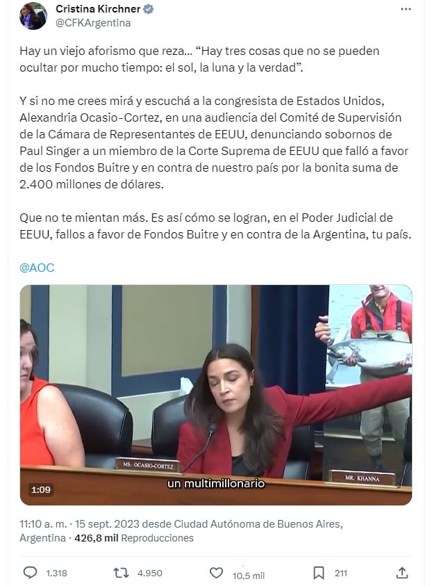 Cristina Kirchner criticó a los fondos buitre tras el fallo en EE.UU. por YPF contra Argentina (X)