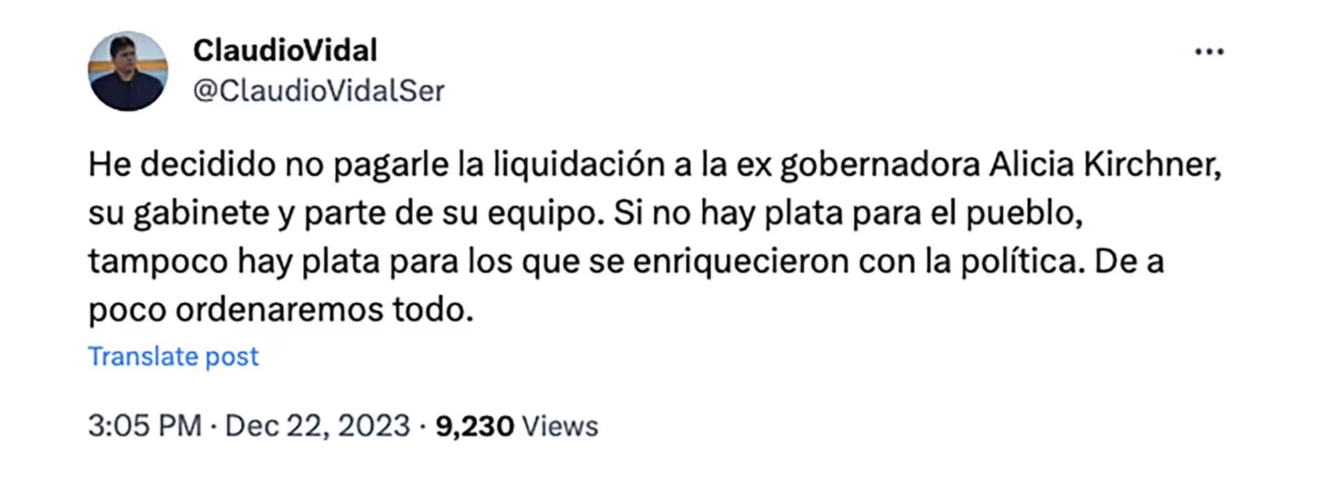 Claudio Vidal anunció la medida mendiante X (antes Twitter). Gentileza: Captura X @ClaudioVidalSer.