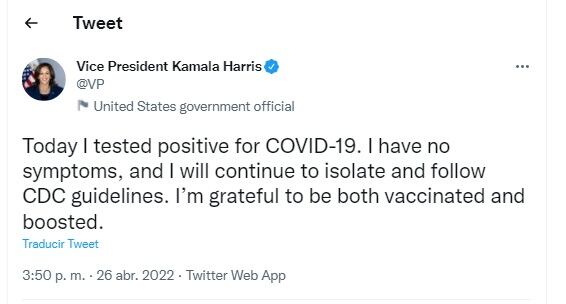 Kamala Harris, la vicepresidenta de Estados Unidos, dio positivo para Covid-19 y agradeció haber estado vacunada por Twitter.