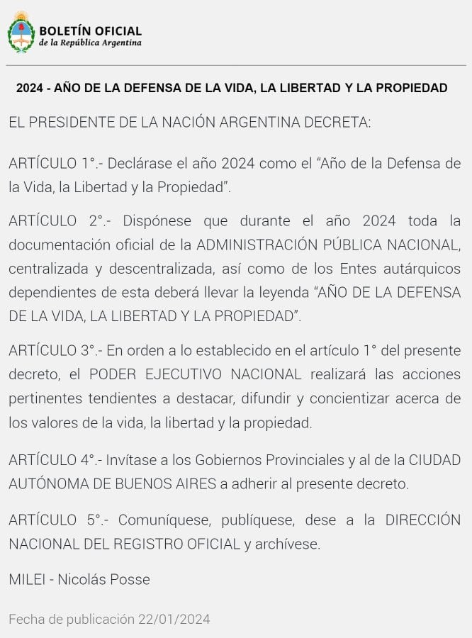 Declaración del 2024 como el "Año de la Defensa de la Vida, la Libertad y la Propiedad". Foto: Boletín Oficial