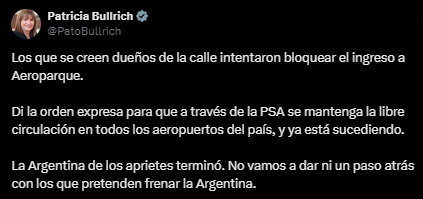 El tuit de Bullrich: “La Argentina de los aprietes terminó”. Foto: captura. 