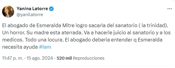 Yanina Latorre sobre la actualidad de Esmeralda Mitre