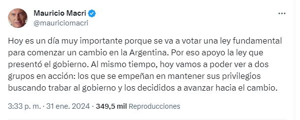 Macri ratificó su respaldo a las iniciativas que de desregulaciones y cambios que promueve Milei - X Mauricio Macri