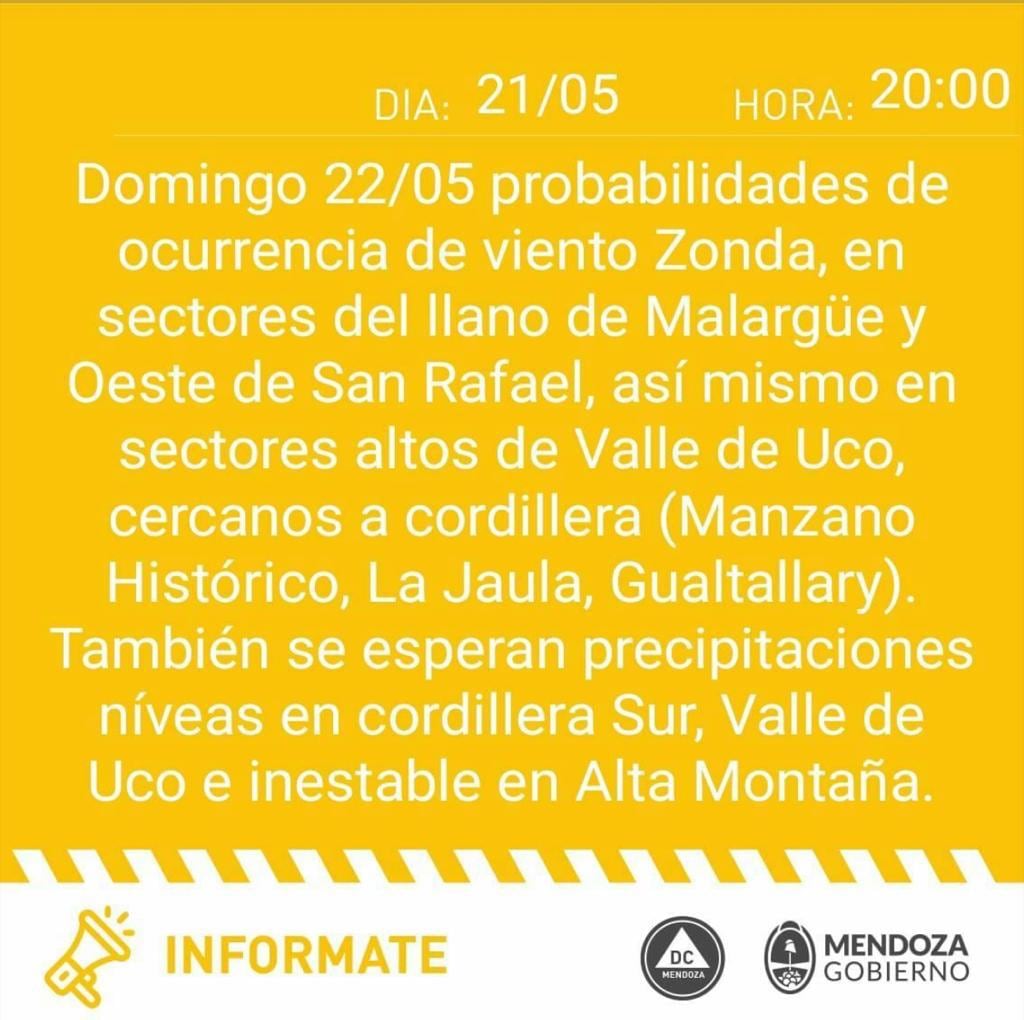 Contingencias Climáticas Mendoza alertaron sobre posibilidad de Zonda.