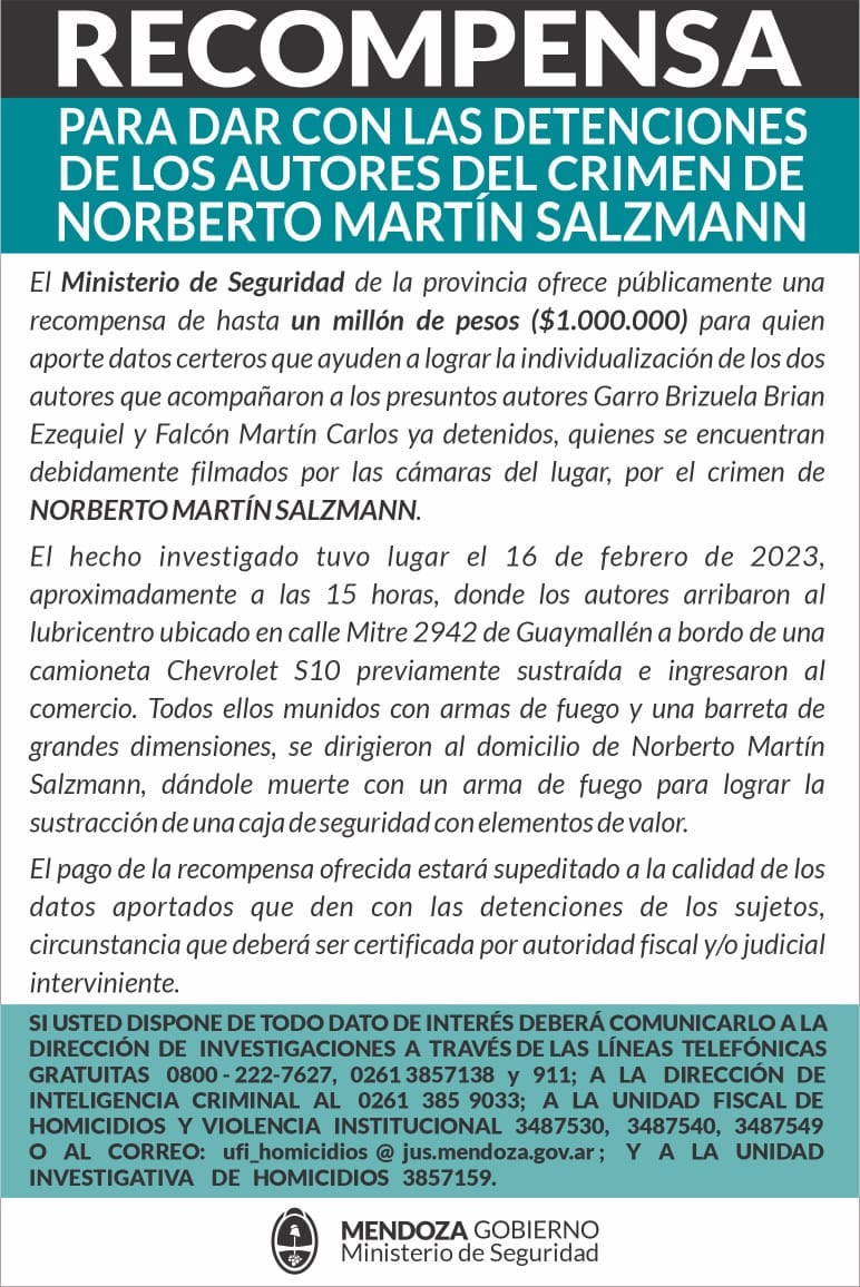 Ofrecen recompensa de un millón de pesos por datos sobre los sospechosos del crimen del comerciante mendocino