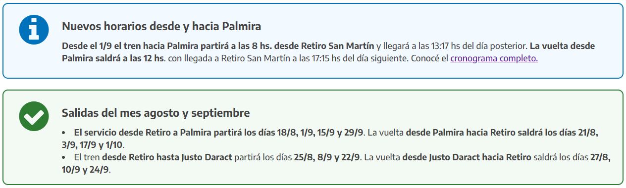 Horarios y salidas del tren de pasajeros Palmira-Retiro. Foto: Trenes Argentinos