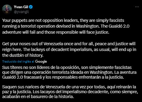 "Saquen sus narices de Venezuela", el tuit del canciller contra Estados Unidos. Foto. captura.