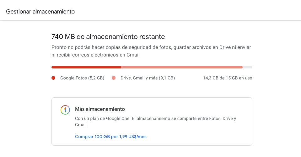 Google Fotos muestra el total de contenido almacenado y avisa las opciones de pago disponibles.