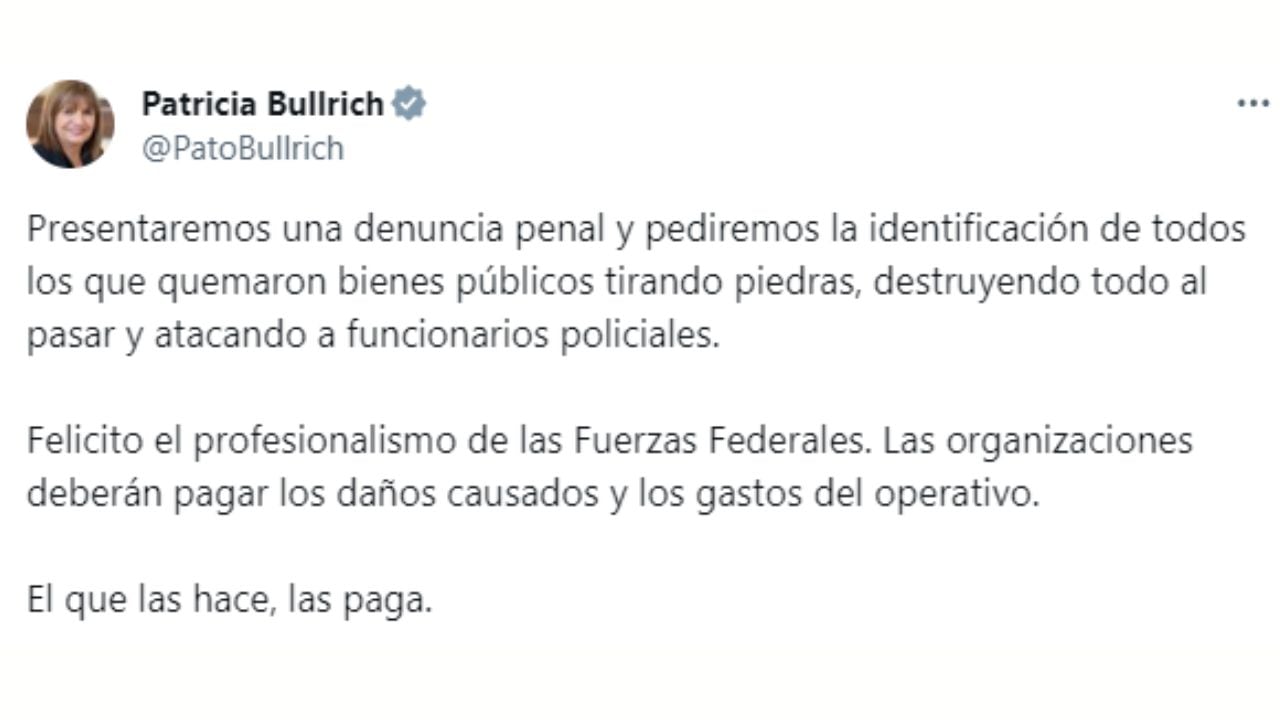 El mensaje de Patricia Bullrich tras los incidentes en el Congreso.