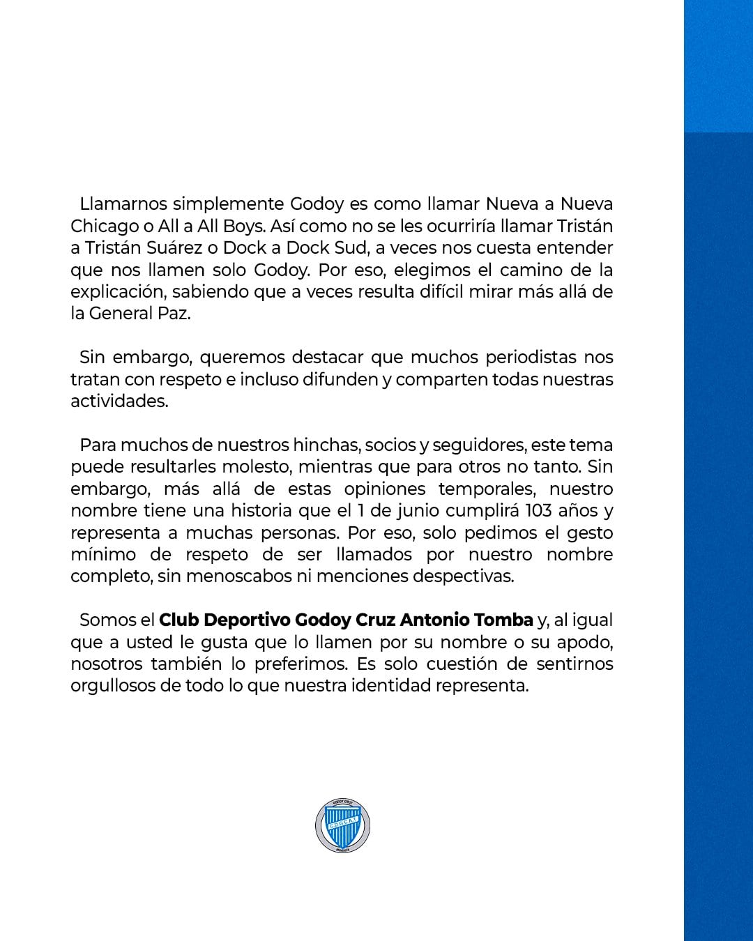 La fuerte carta de Godoy Cruz. Imagen: X / @ClubGodoyCruz