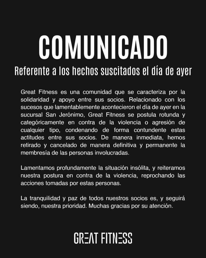 el comunicado emitido por el gimnasio en redes sociales