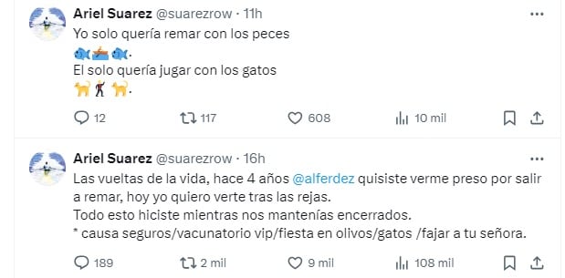 Duros posteos del remero Ariel Suárez contra el expresidente Alberto Fernández (X)