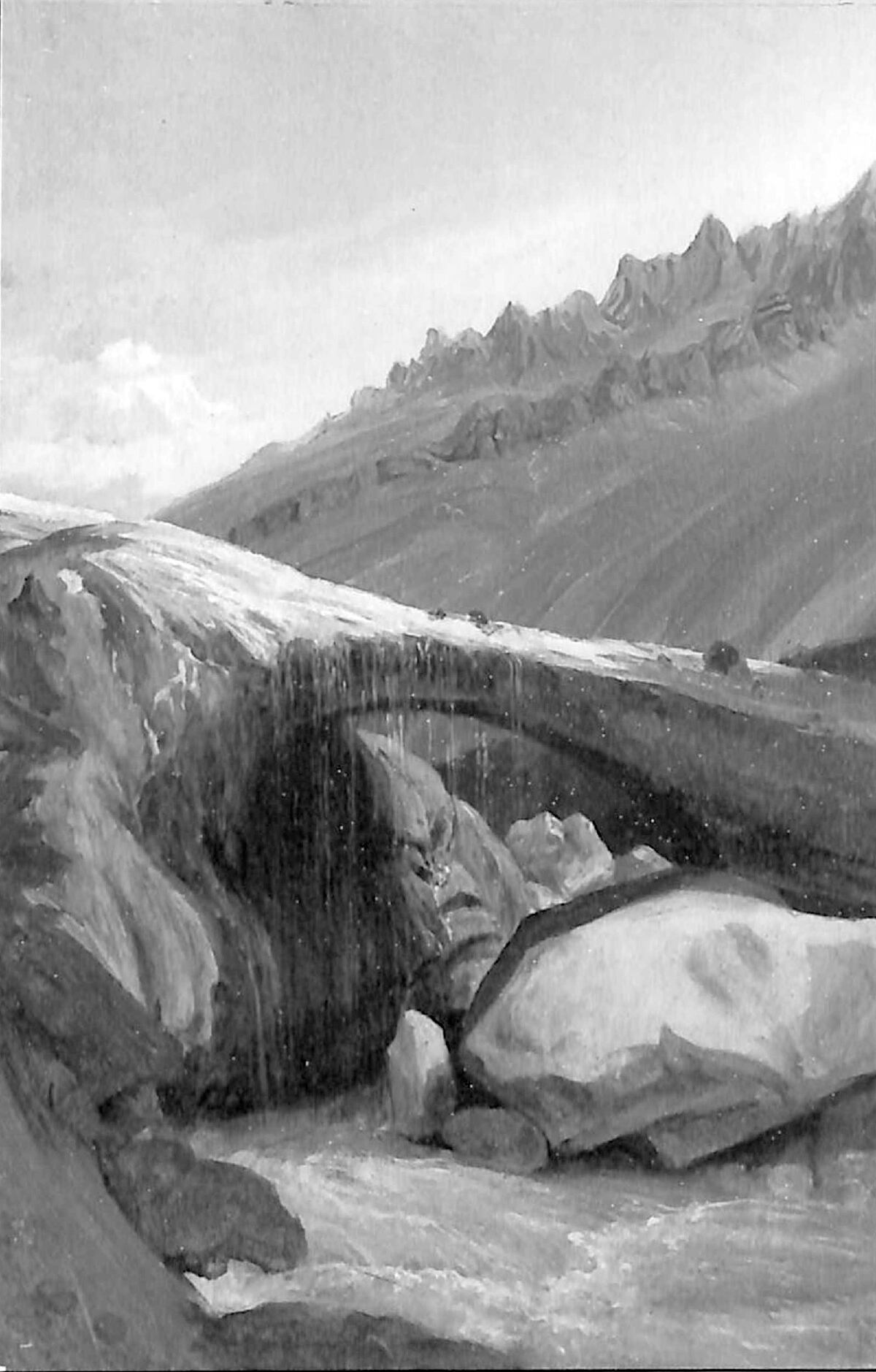 Roberto Krause. “El Puente de Inca”. Óleo sobre cartón, 1838. Fuente: Biblioteca Nacional Digital de Chile.