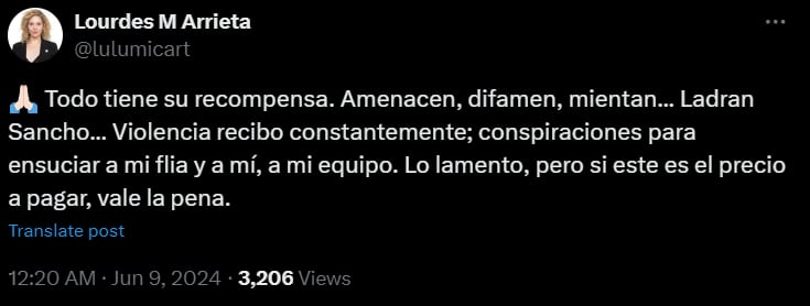 El comunicado de la diputada nacional de Lourdes Arrieta. Captura: X / @lulumicart