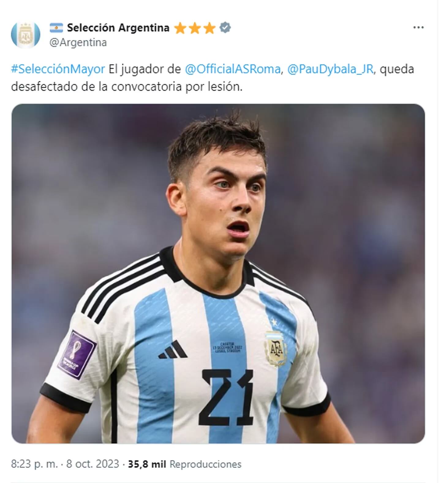 Paulo Dybala quedó desafectado para las eliminatorias