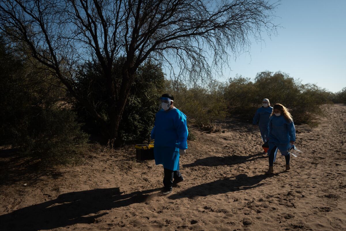 El equipo medico muchas veces tiene que caminar por los médanos para acceder a los puestos.