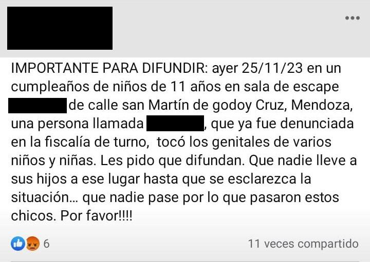 Denuncian a un hombre por tocar a dos niños en una sala de escape en Godoy Cruz durante un cumpleaños. Foto: Captura Facebook