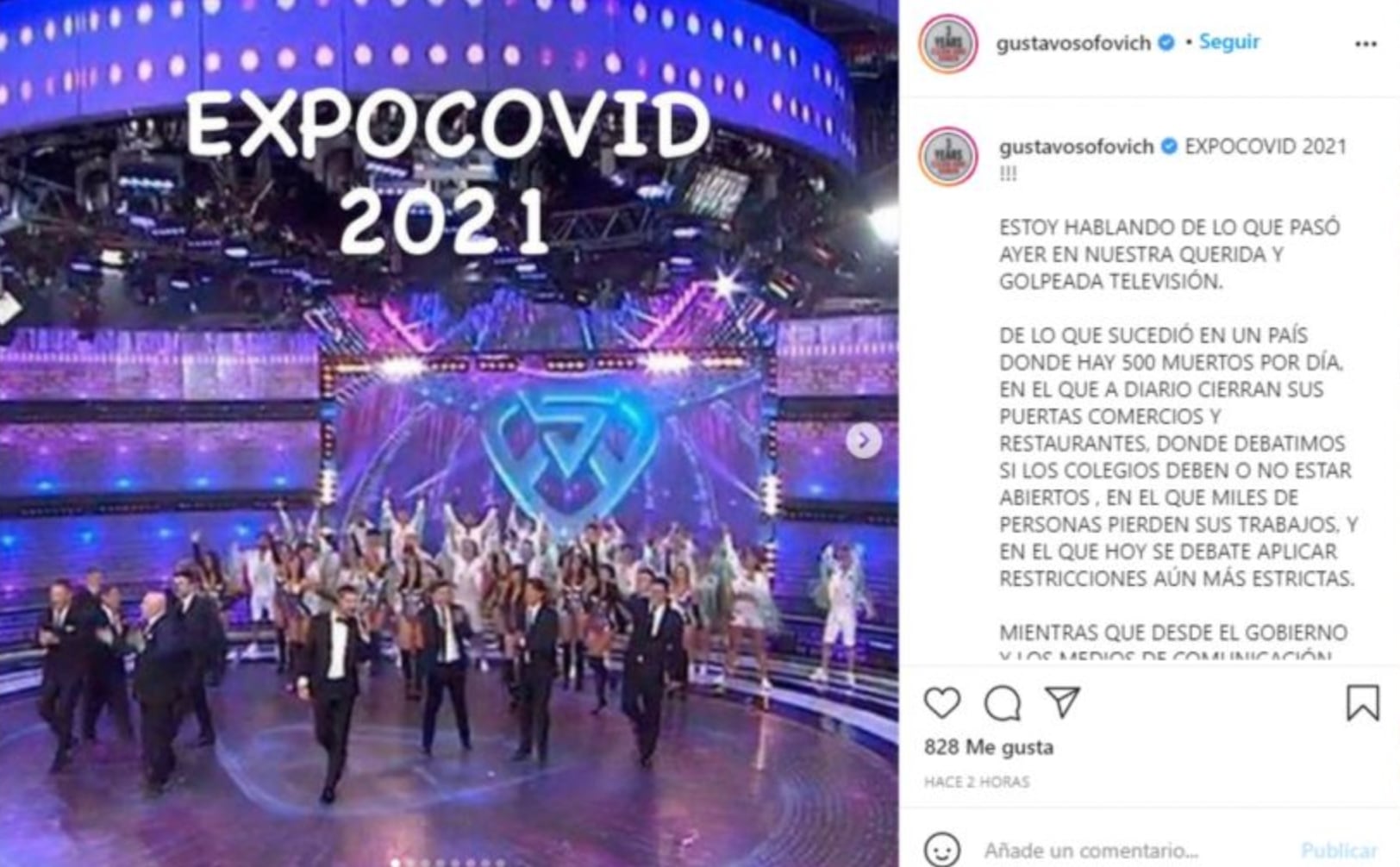 La publicación de Sofovich en Instagram.