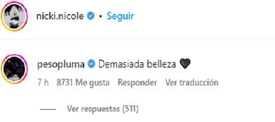 El comentario de Peso Pluma a Nicki Nicole. Fuente: Captura de pantalla