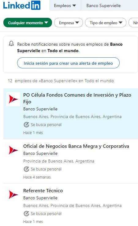 Algunos de los empleos que ofrece el Banco Supervielle en LinkedIn. Foto: captura de pantalla.