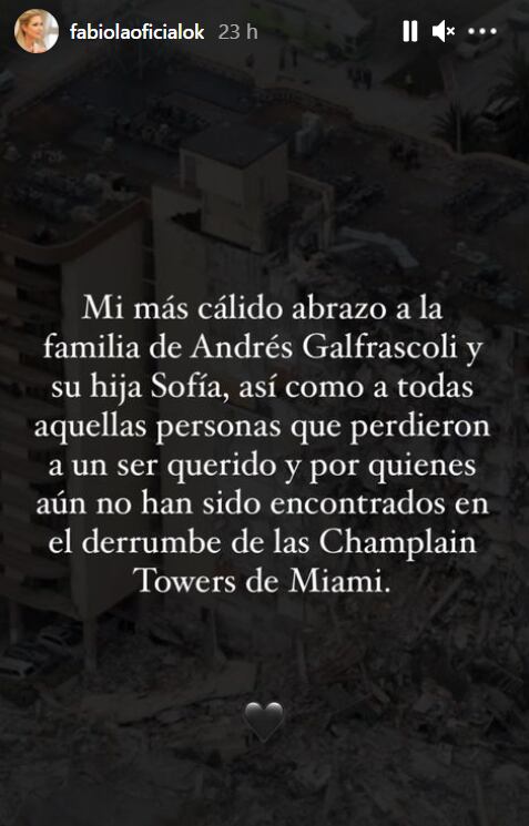 Había viajado a Miami junto con su esposo y la hija de ambos, para vacunarse y estaban alojados en el edificio derrumbado de 12 pisos. - 