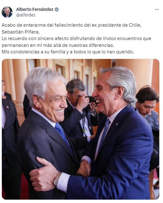 Líderes políticos y expresidentes enviaron sus condolencias por el fallecimiento de Sebastián Piñera - X