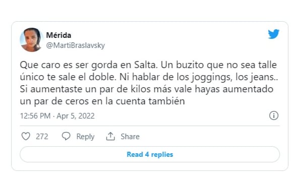 Una joven compartió en Twitter la discriminación que sufre a la hora de comprar ropa.