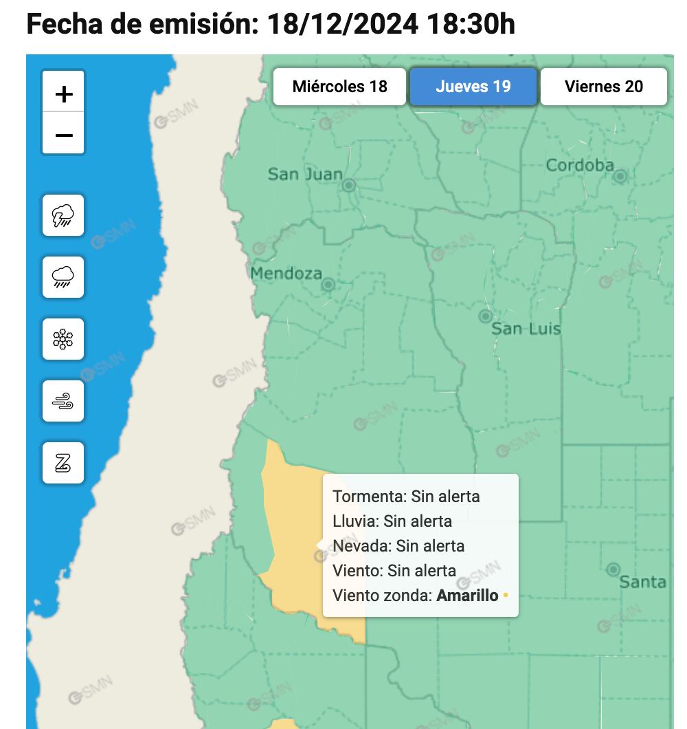 Rige una alerta amarilla por Zonda en Malargüe para este jueves 19 de diciembre.