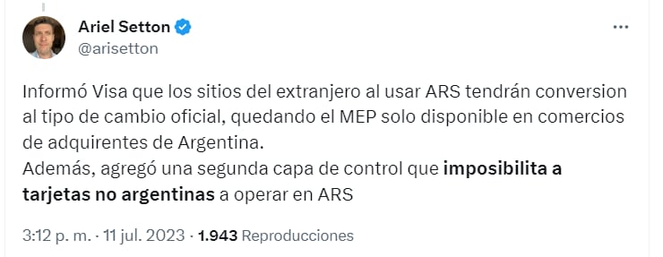 El economista Ariel Setton explicó la situación a través de sus redes sociales - Twitter