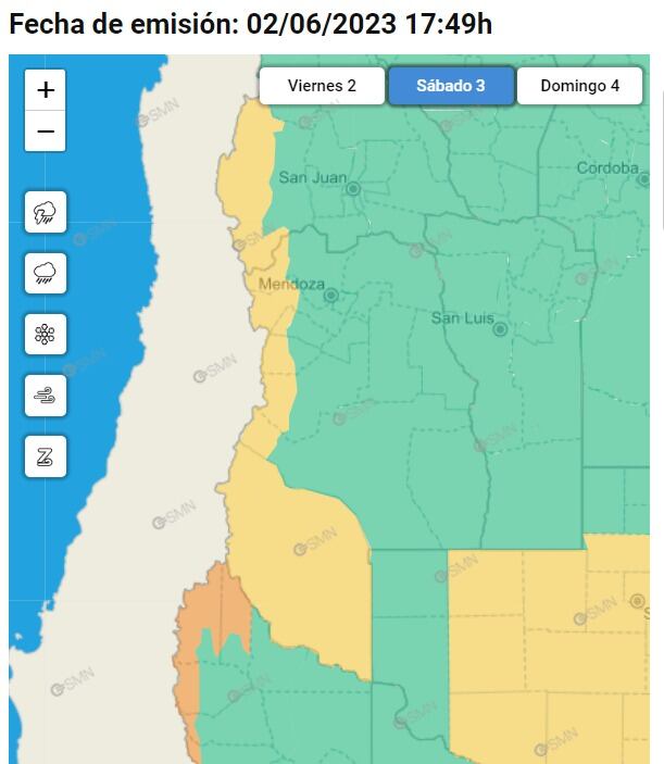 Alertas del SMN para este sábado en Mendoza.