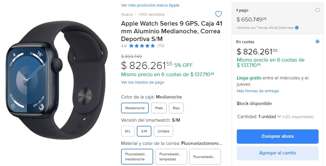  En nuestro país el mismo modelo Apple Watch Series 9 se encuentra en Mercado Libre a un precio de $826.261 argentinos.