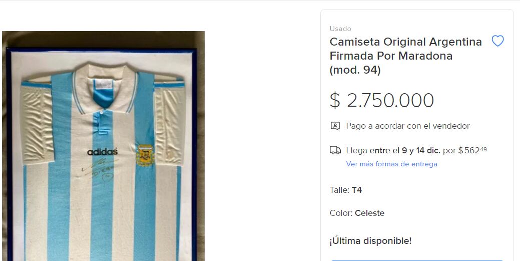 Casi tres millones de peso solicitan por una camiseta del Mundial 1994 con la firma de Maradona y encuadrada. / Gentileza.