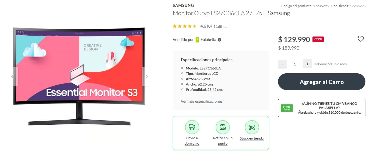 La tienda de Falabella ofrece un monitor curvo Samsung de 27 pulgadas a un precio promocional de $129.990 chilenos.