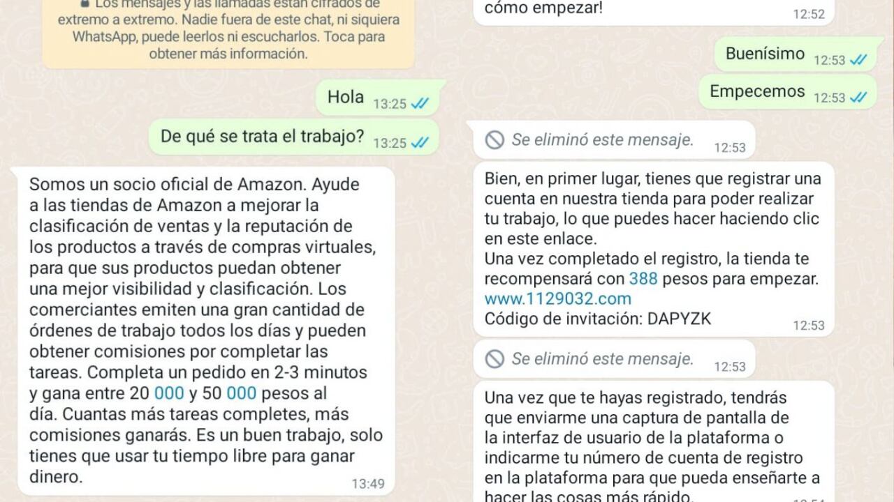 Así son las descripciones que hacen por WhatsApp los estafadores. Foto: ESET