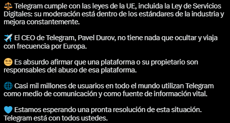 El tuit de Telegram sobre la detención de su fundador.