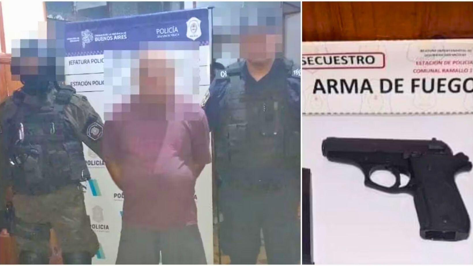 El hombre de 60 años, familiar del sospechoso principal, junto a una de las armas halladas (@RADIOSTYLO98.5)