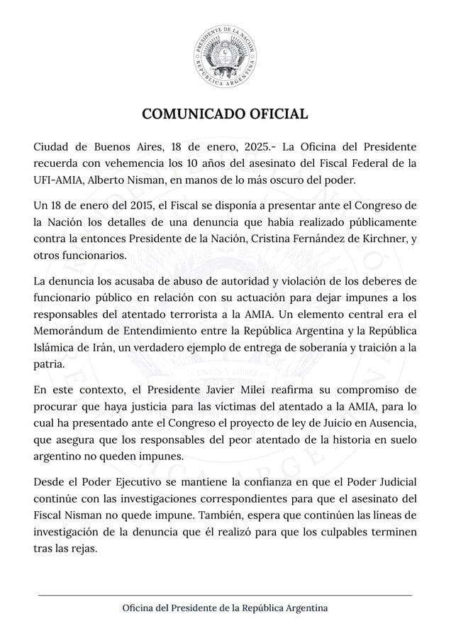 El comunicado del Gobierno sobre la muerte de Nisman.