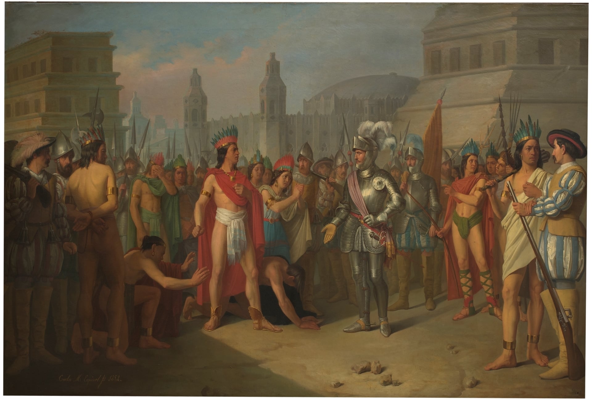 Prisión de Guatimocín, último emperador de los mejicanos, por las tropas de Hernán Cortés, y su presentación a este en la plaza de Méjico (1854), óleo de Carlos María Esquivel y Rivas.