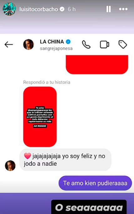 La respuesta de la China Suárez luego de la viralización de su encuentro con Franco Colapinto. Captura: Instagram / luisitocorbacho