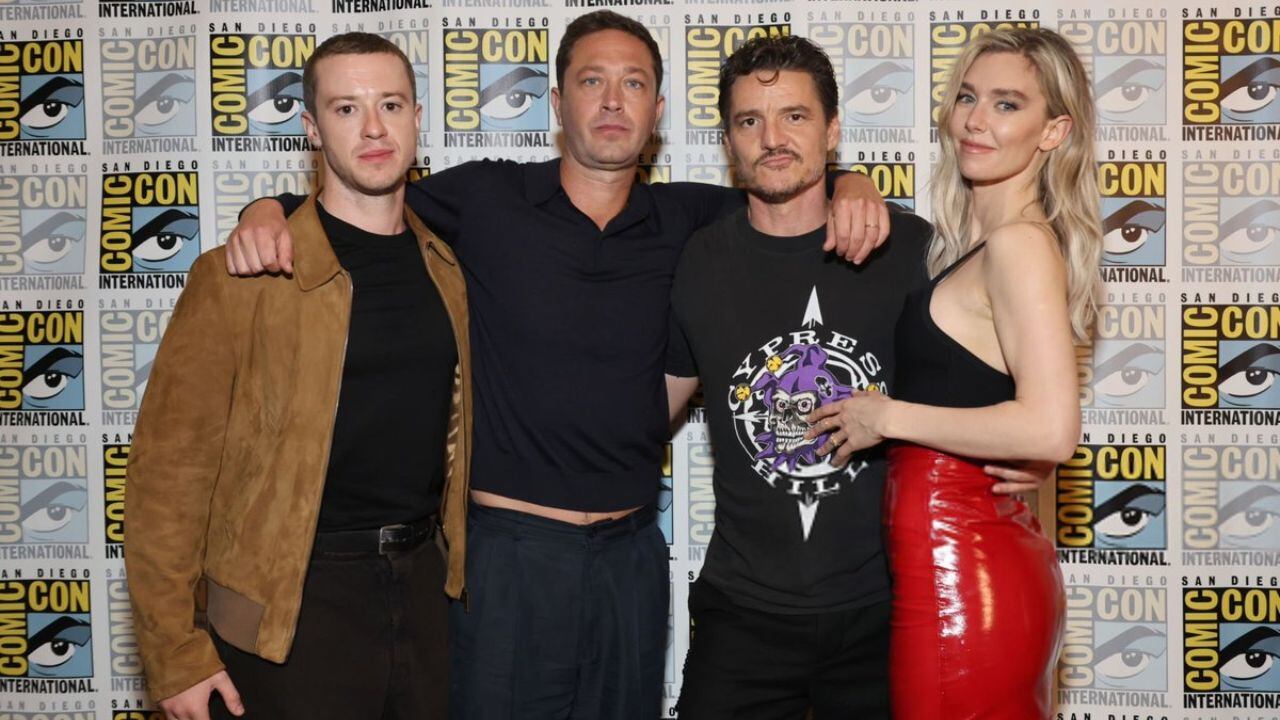 El cast de los Cuatro Fantásticos: Joseph Quinn, Ebon Moss-Bachrach, Pedro Pascal, Vanessa Kirby.