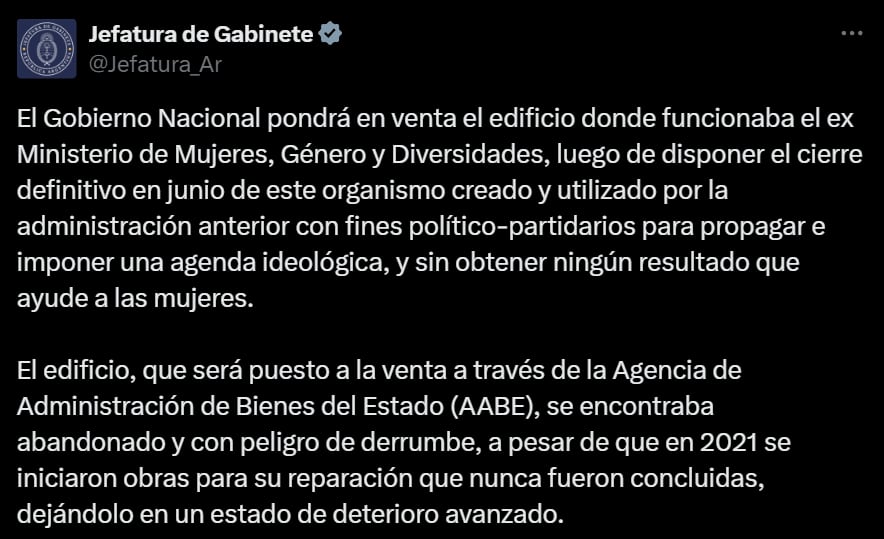 Jefatura replicó la noticia del Gobierno nacional. Captura: X / @Jefatura_Ar