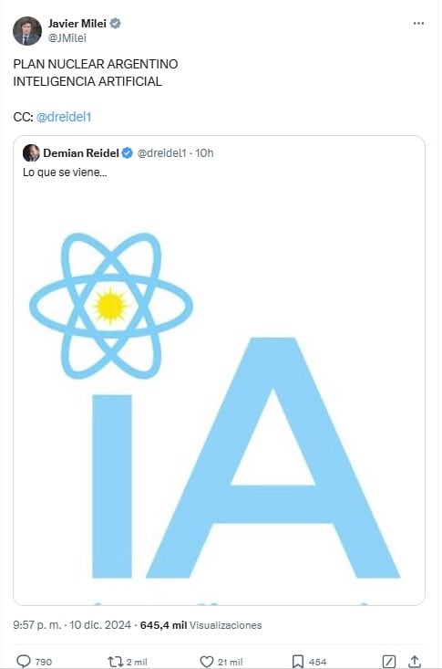 Milei anunció que presentará un plan nuclear para el desarrollo de la Inteligencia Artificial (X)