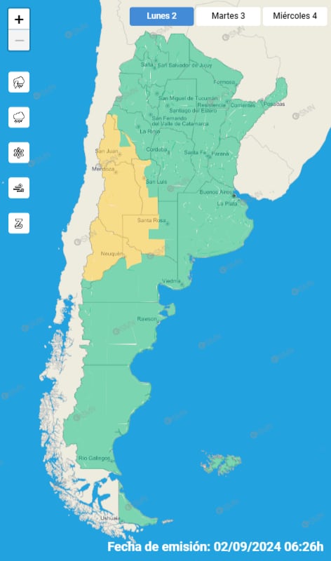 Alerta amarilla por Zonda en Cuyo, Neuquén y parte de La Pampa. - Servicio Meteorológico Nacional