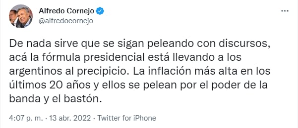 El senador nacional fue muy duro con el Gobierno nacional por el índice de inflación de marzo.